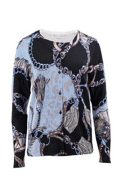 Passioni Cardigan Twinset in blau-schwarzem Schal-Print mit Quasten und Ket günstig online kaufen