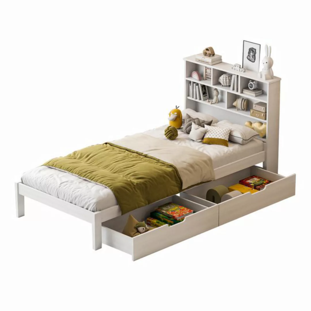 FUROKOY Holzbett Einzelbett 90x200 cm, Holzbett,Kopfteil mit Bücherregal, ( günstig online kaufen