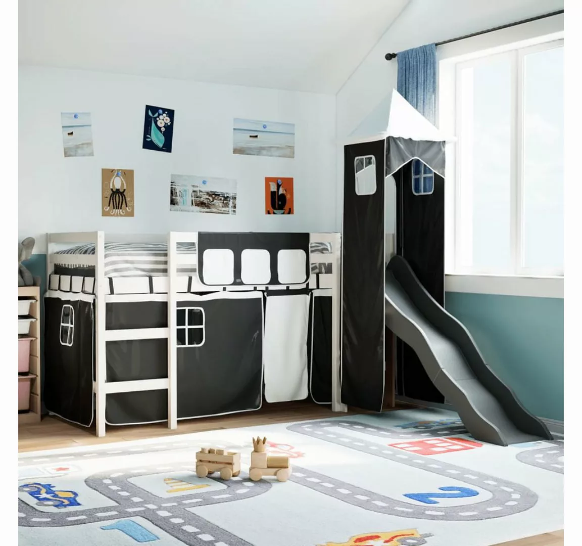 vidaXL Bett, Kinderhochbett mit Turm Weiß & Schwarz 90x200 cm Kiefernholz günstig online kaufen