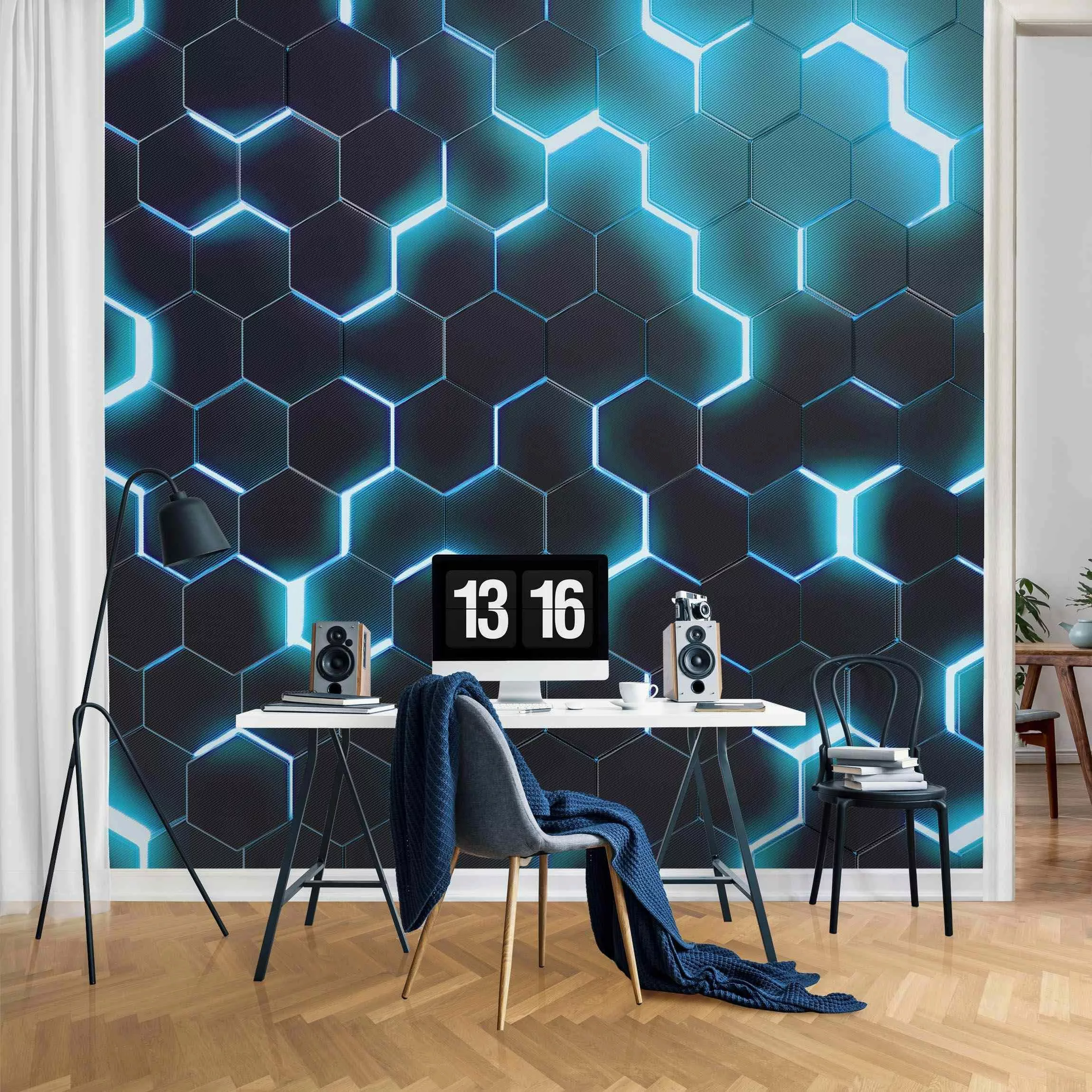 Bilderdepot24 Mustertapete Hexagone Neonlicht Türkis 3D-Optik günstig online kaufen