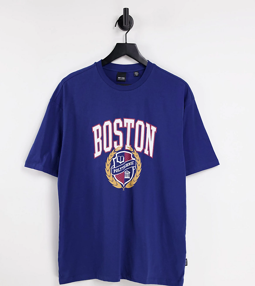 Only & Sons – Oversize-T-Shirt in Marineblau mit „Boston“-Print, exklusiv b günstig online kaufen