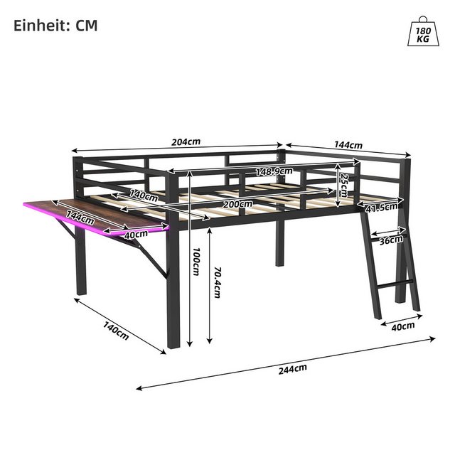 Flieks Hochbett Metallbett Kinderbett 140x200cm mit LED Klapp-Schreibtisch günstig online kaufen