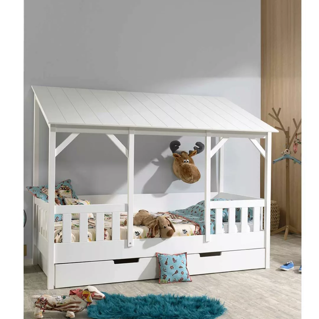 Kinderzimmerbett in Weiß Kiefer teilmassiv Dach günstig online kaufen