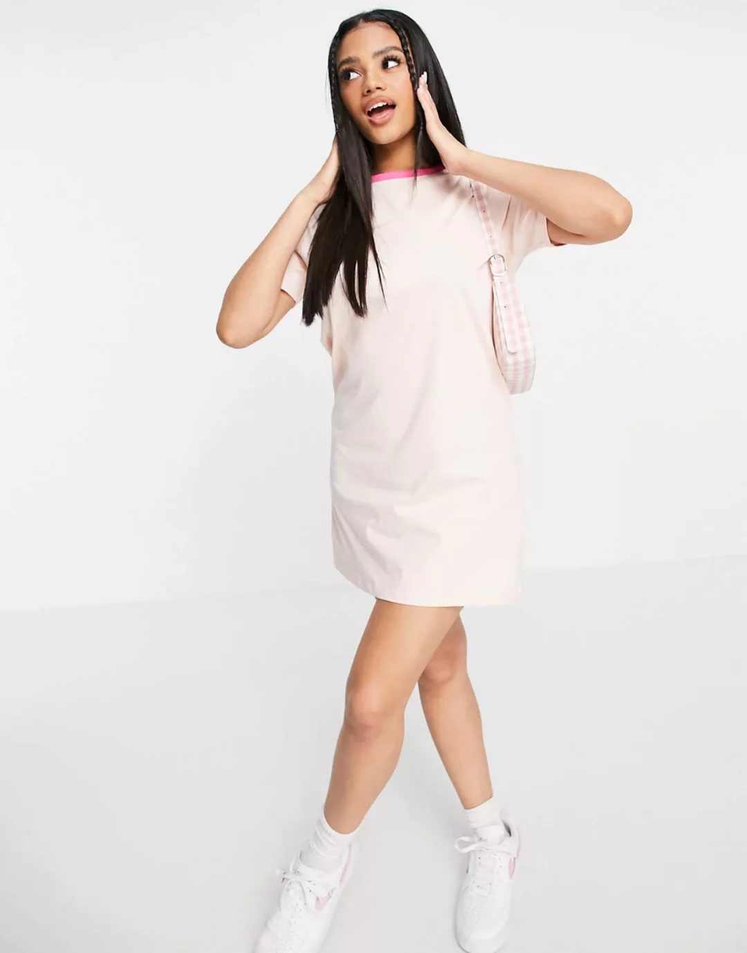 Brave Soul – Lenie – T-Shirt-Kleid mit kontrastierenden Abschlüssen-Rosa günstig online kaufen