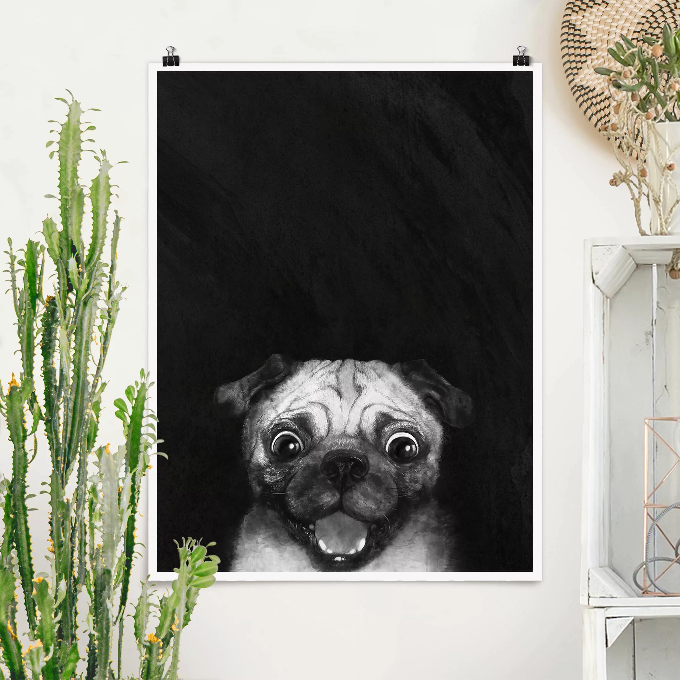 Poster Tiere - Hochformat Illustration Hund Mops Malerei auf Schwarz Weiß günstig online kaufen