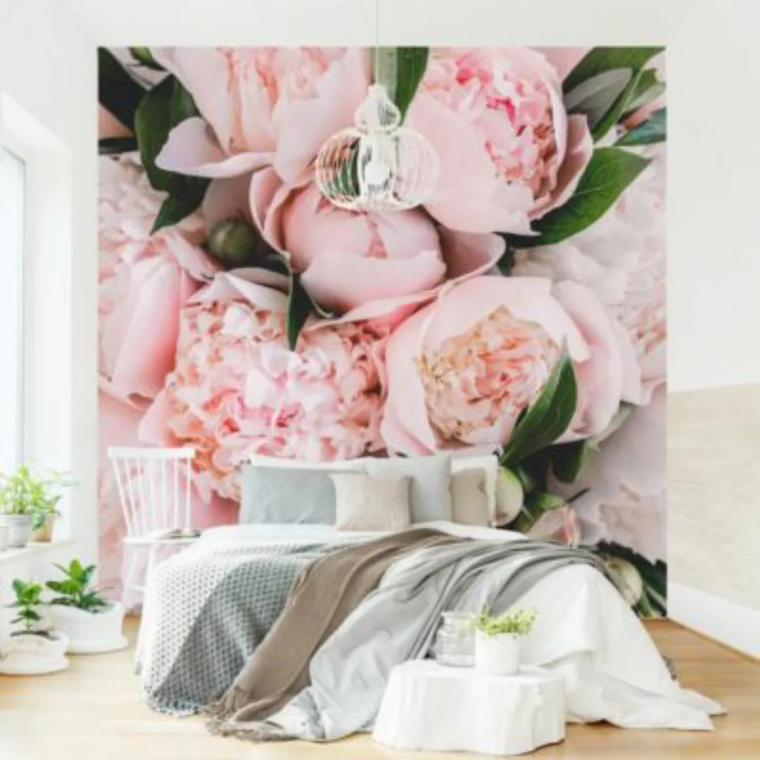 Bilderwelten Fototapete Rosa Pfingstrosen mit Blättern rosa Gr. 192 x 192 günstig online kaufen