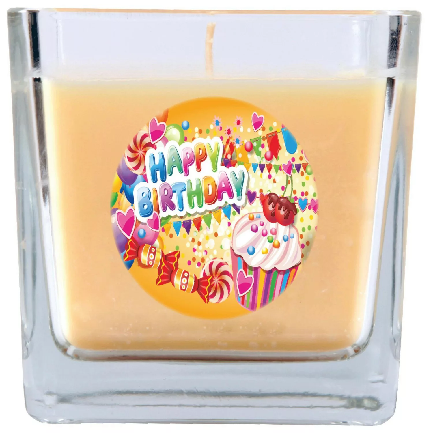 HS Candle Duftkerze & Glas Happy Birthday Viereck Vanille Cupcake günstig online kaufen