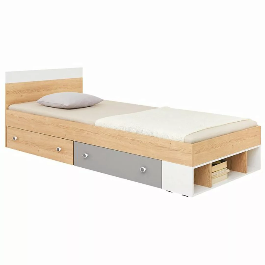 Jugendzimmer Bett 120x200cm Liegefläche, Eiche mit weiß und grau PINETO-133 günstig online kaufen