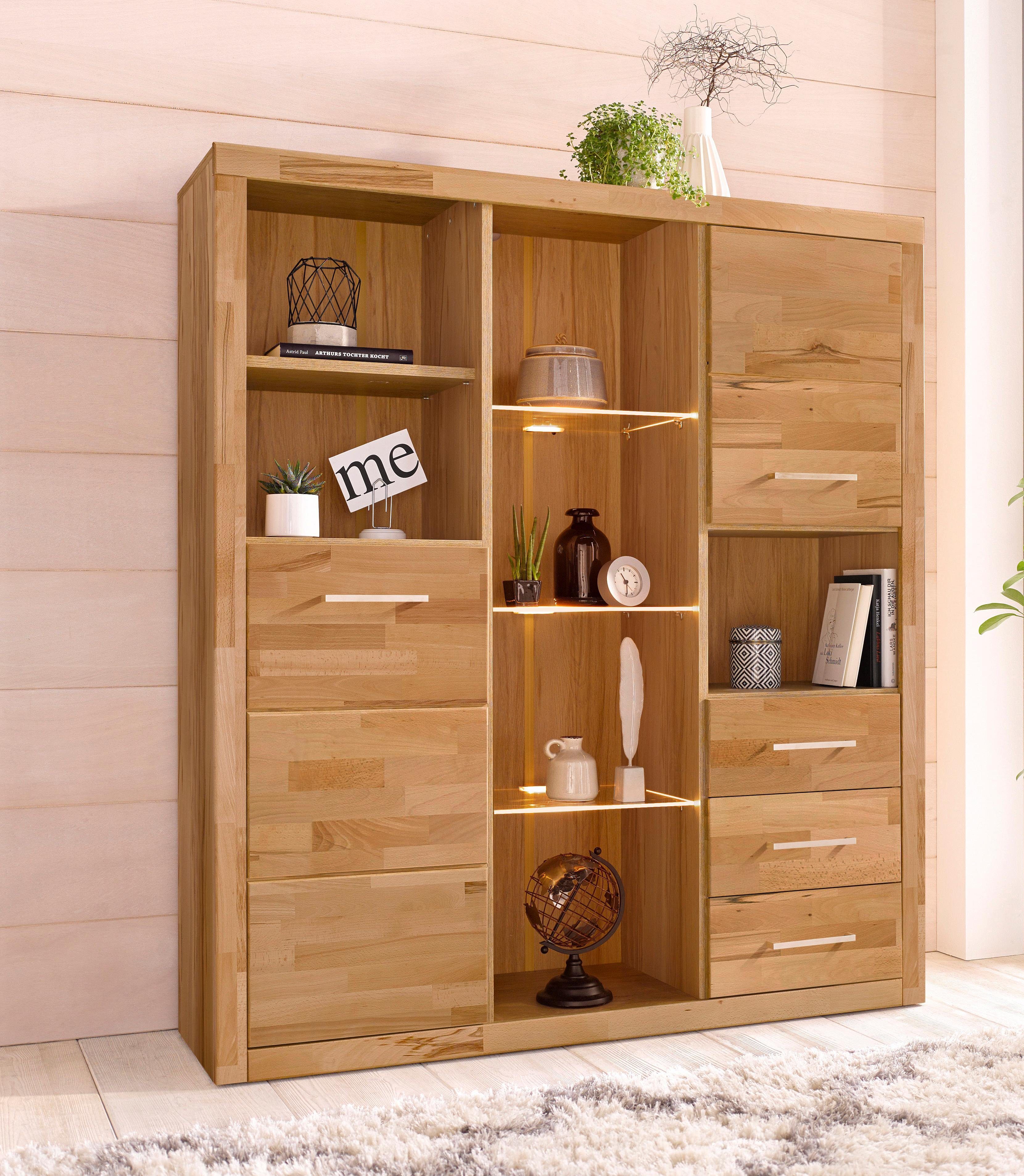 Home affaire Highboard "Ribe,130cm breit145cm hoch,Fronten Massivholz,12 Fä günstig online kaufen
