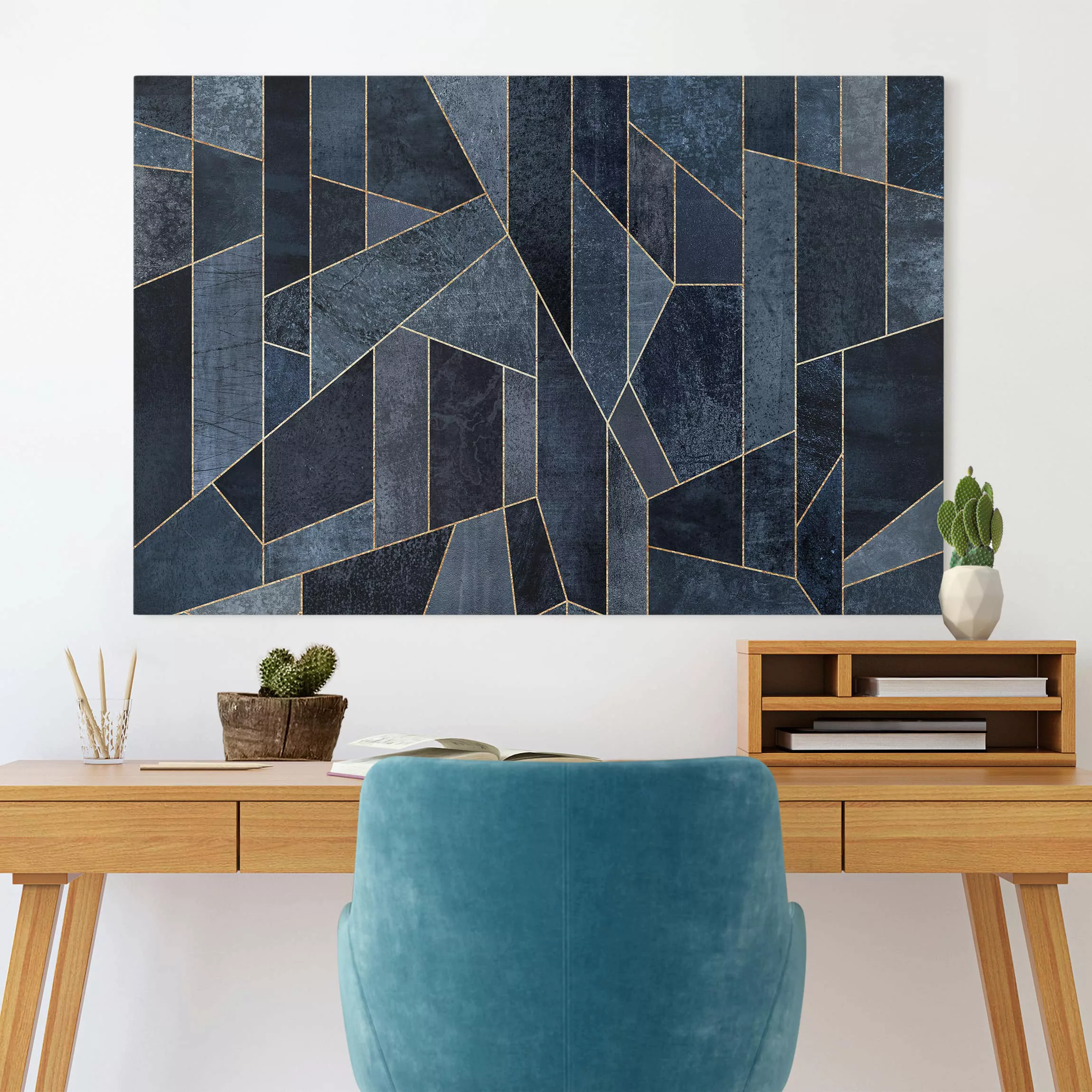 Leinwandbild Abstrakt - Querformat Blaue Geometrie Aquarell günstig online kaufen