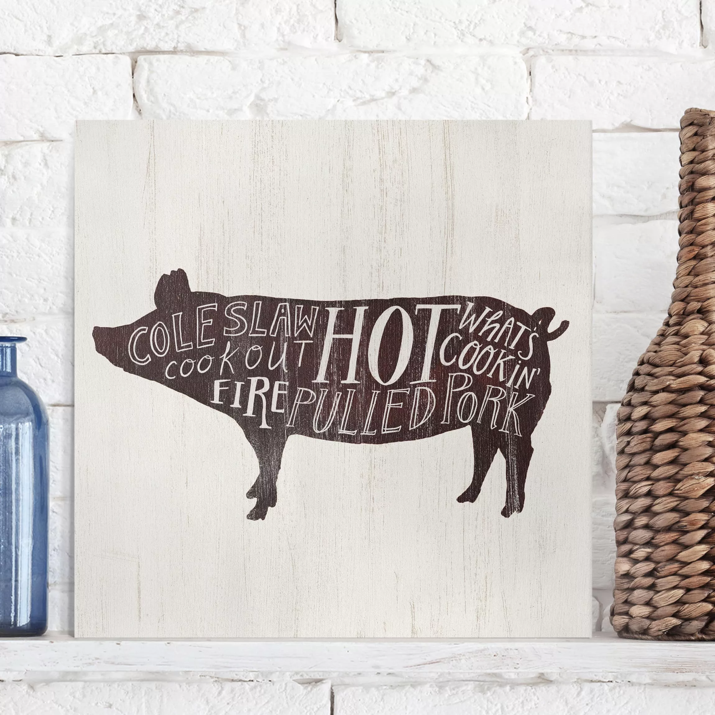 Leinwandbild Küchenspruch - Quadrat Bauernhof BBQ - Schwein günstig online kaufen
