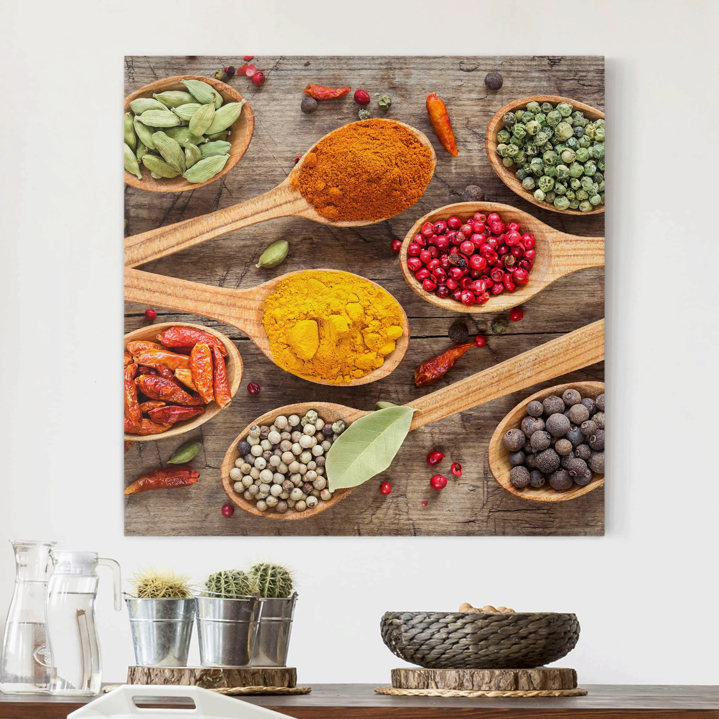 Leinwandbild Küche - Quadrat Gewürze auf Holzlöffel günstig online kaufen