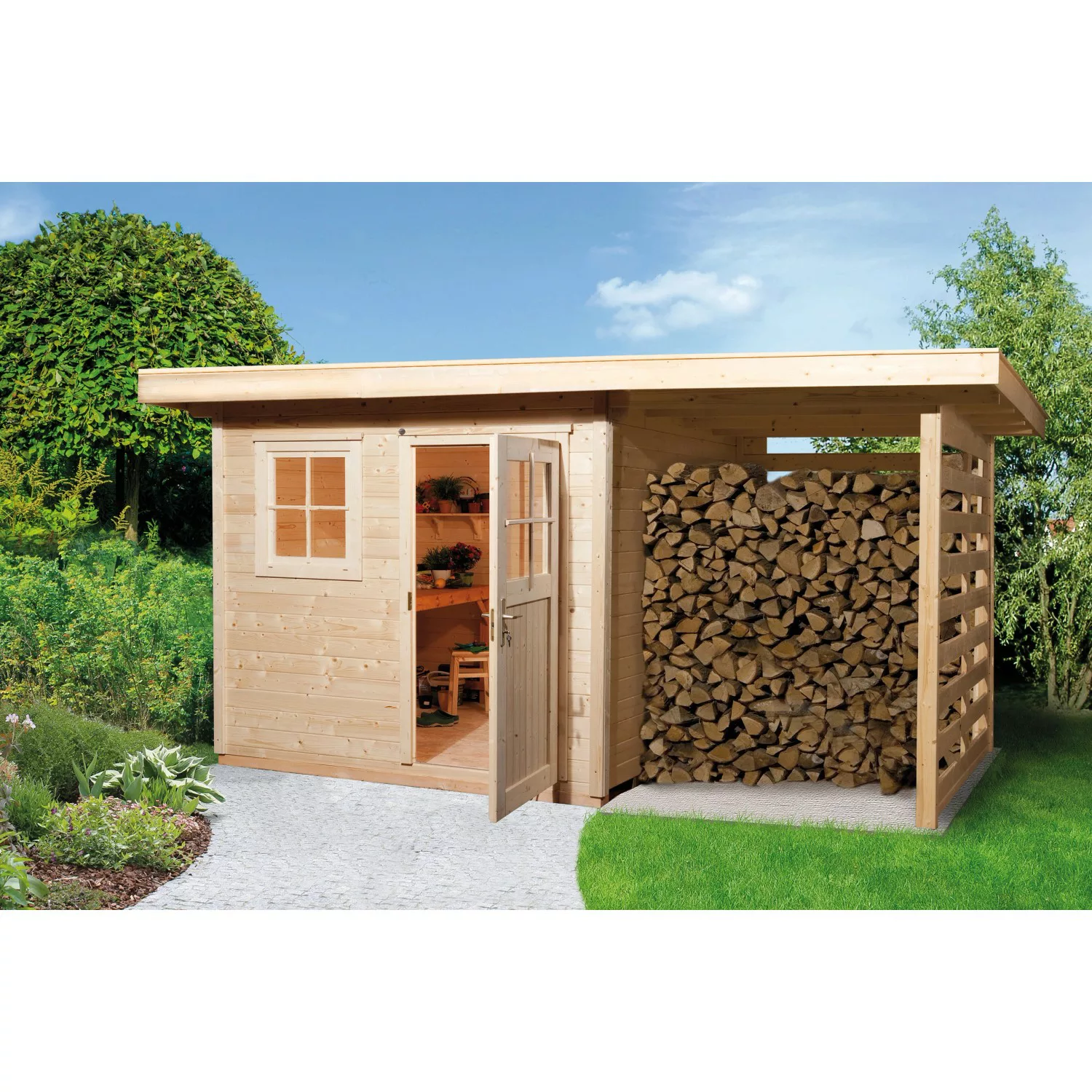 Holz-Gartenhaus/Gerätehaus Flachdach Unbehandelt 430 cm x 314 cm günstig online kaufen