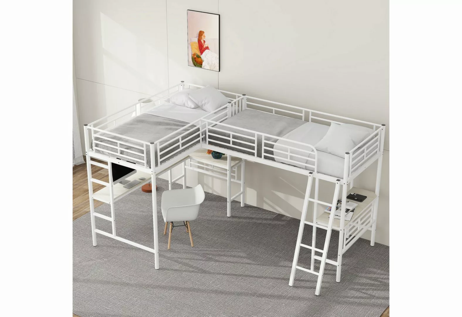 Odikalo Kinderbett Hochbett Doppelbett Tisch Doppeltreppe Geländer Weiß/Sch günstig online kaufen
