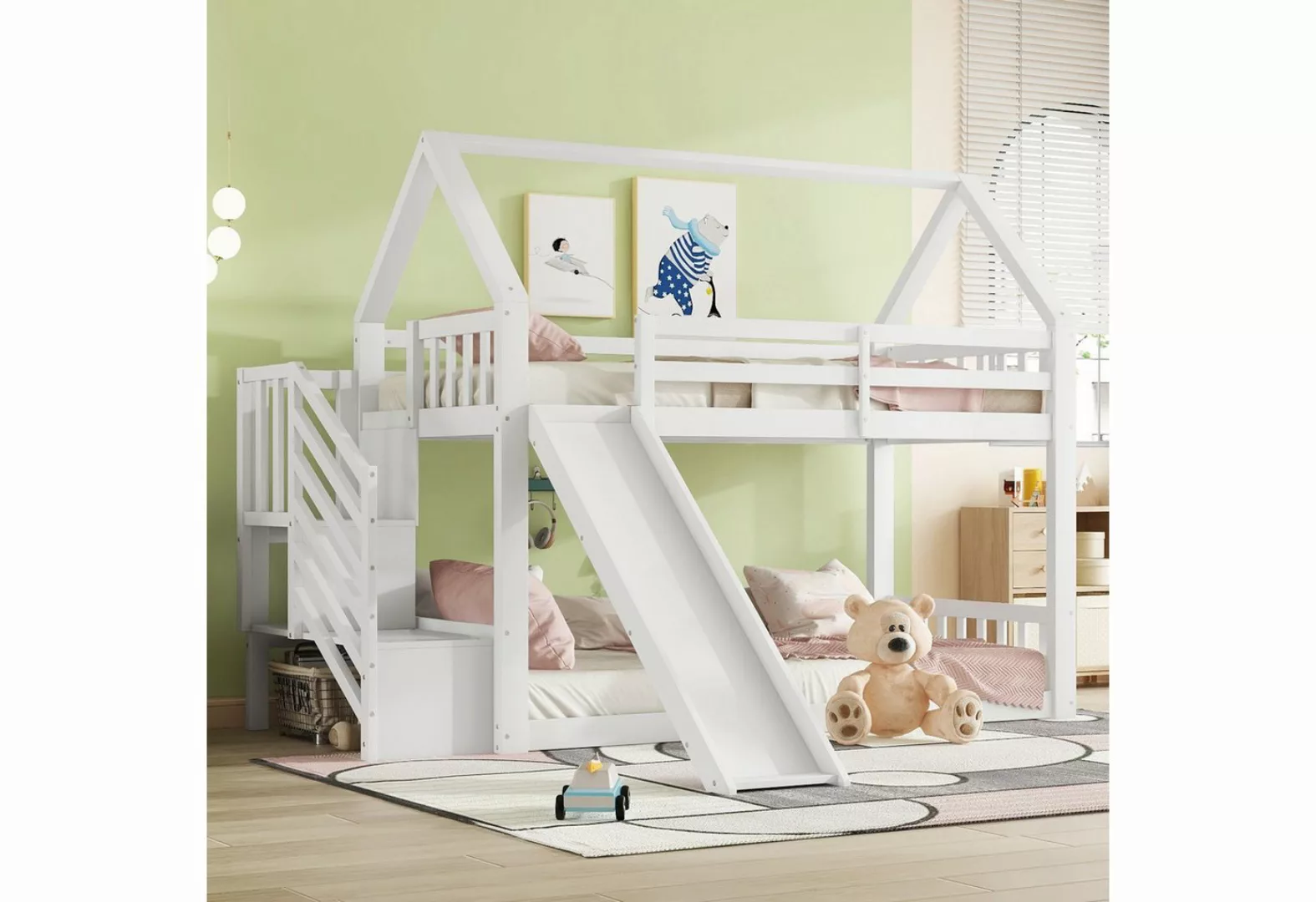 Flieks Etagenbett, Kinderbett mit Treppe & Rutsche & oberem Lattenrost 90x2 günstig online kaufen