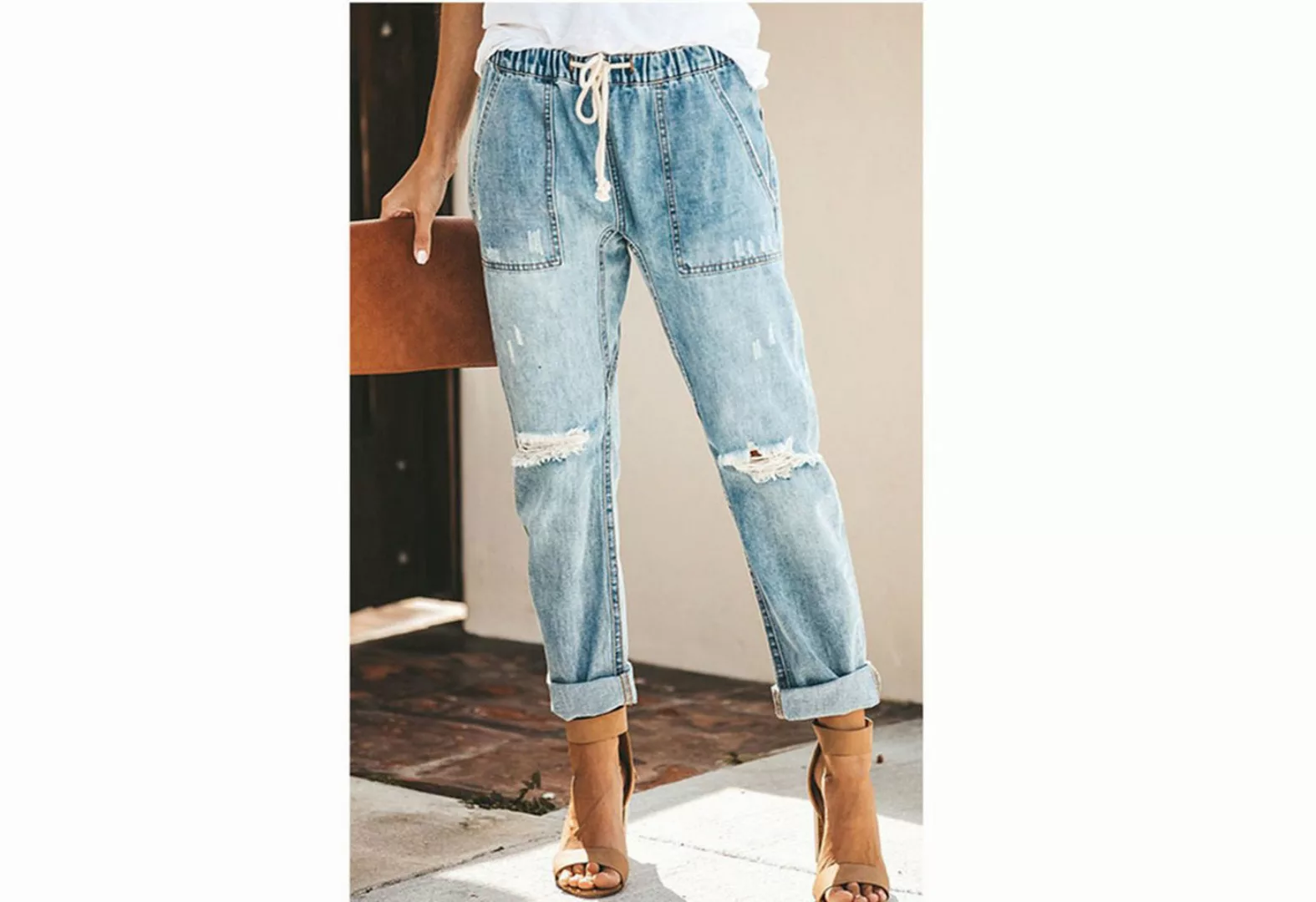 KIKI Destroyed-Jeans Casual High Waist Jeans- Baggy Jeans Women's Knee Ripp günstig online kaufen
