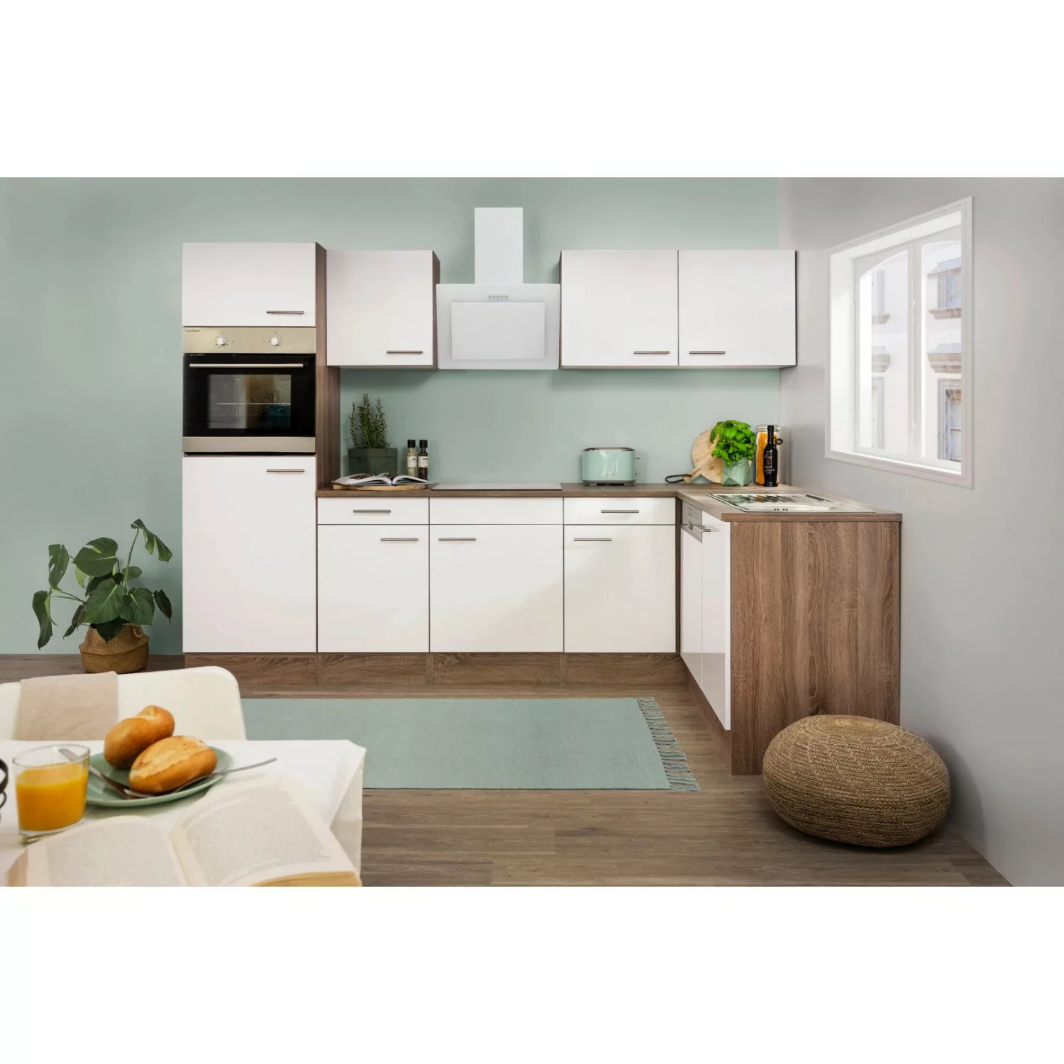 Respekta Winkelküche/L-Küche 280 cm Weiß-Seidenglanz Eiche-York günstig online kaufen