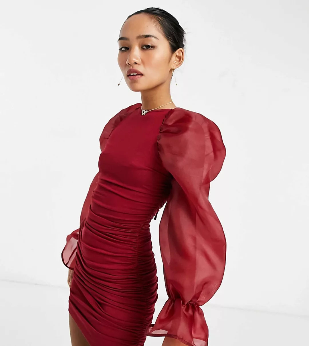 ASOS DESIGN Petite – Minikleid mit Rüschenärmeln aus Organza in Ochsenblut- günstig online kaufen