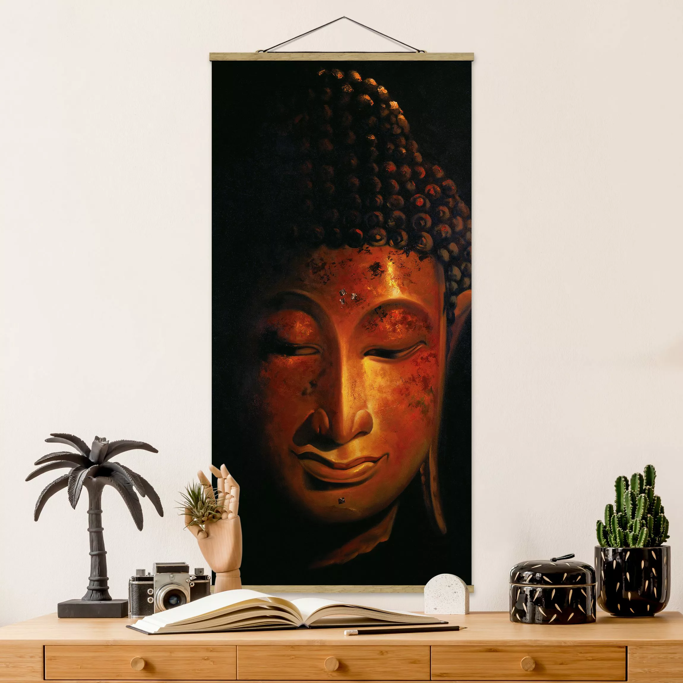 Stoffbild Buddha mit Posterleisten - Hochformat Madras Buddha günstig online kaufen