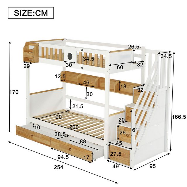 HAUSS SPOLE Etagenbett 90x200cm mit Stauraumtreppe, Rahmen aus Kiefernholz günstig online kaufen