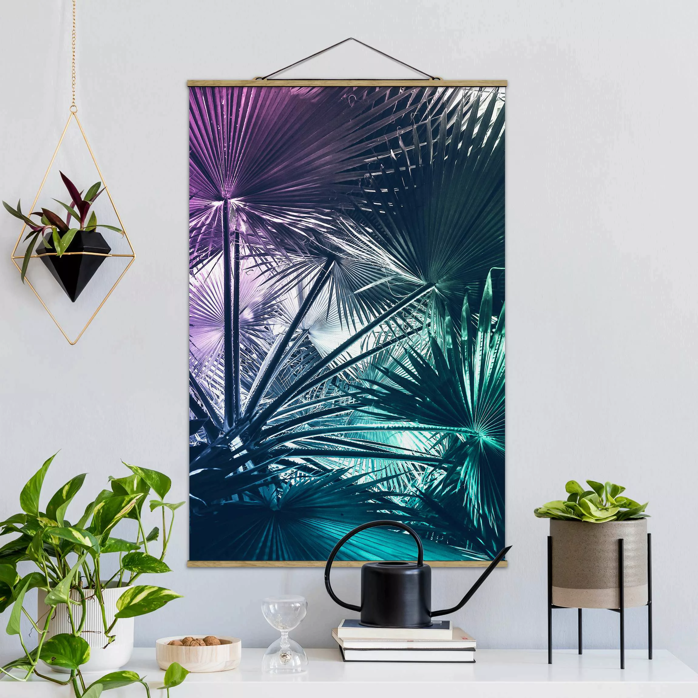 Stoffbild Landschaft mit Posterleisten - Hochformat Tropische Pflanzen Palm günstig online kaufen