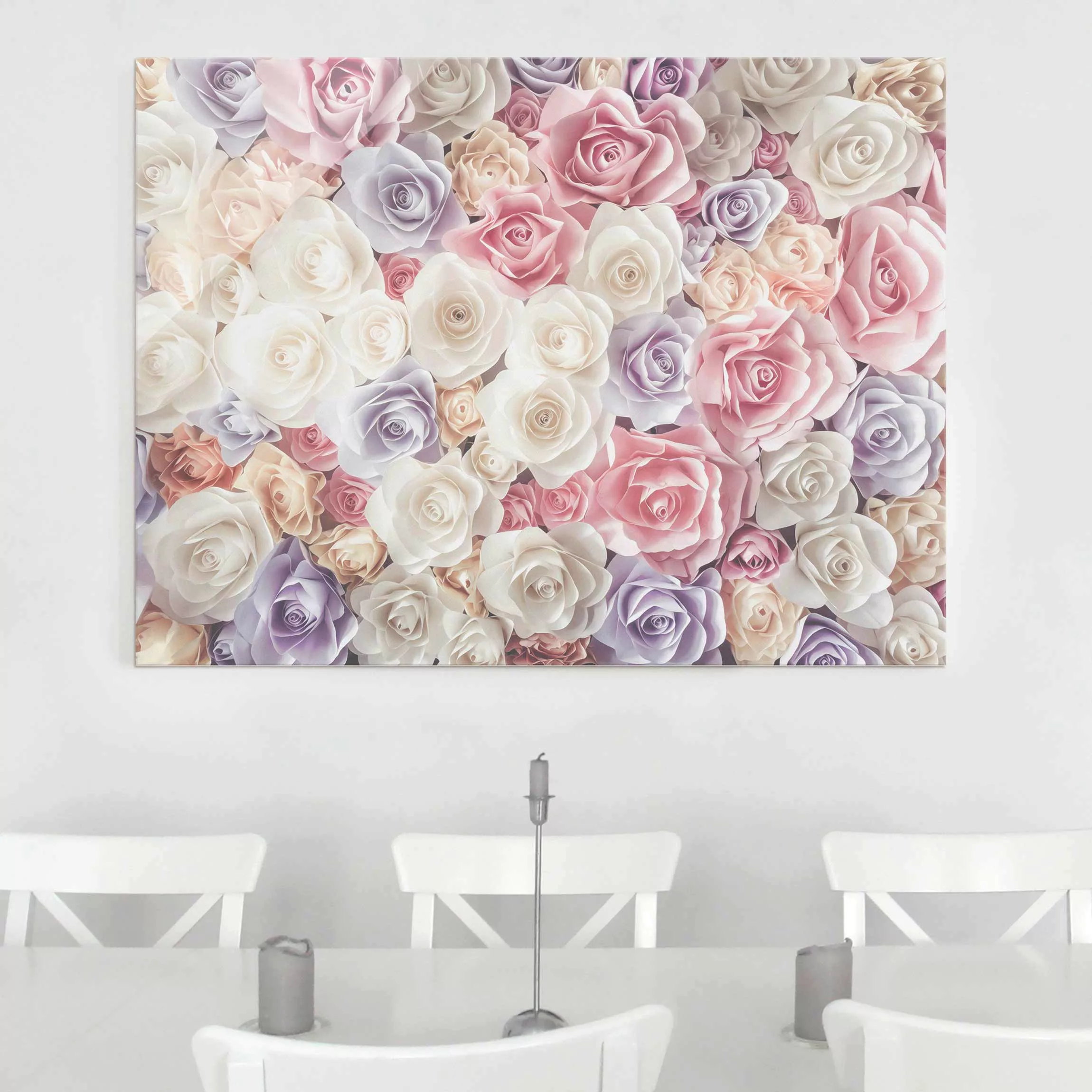 Glasbild Blumen - Querformat Pastell Paper Art Rosen günstig online kaufen