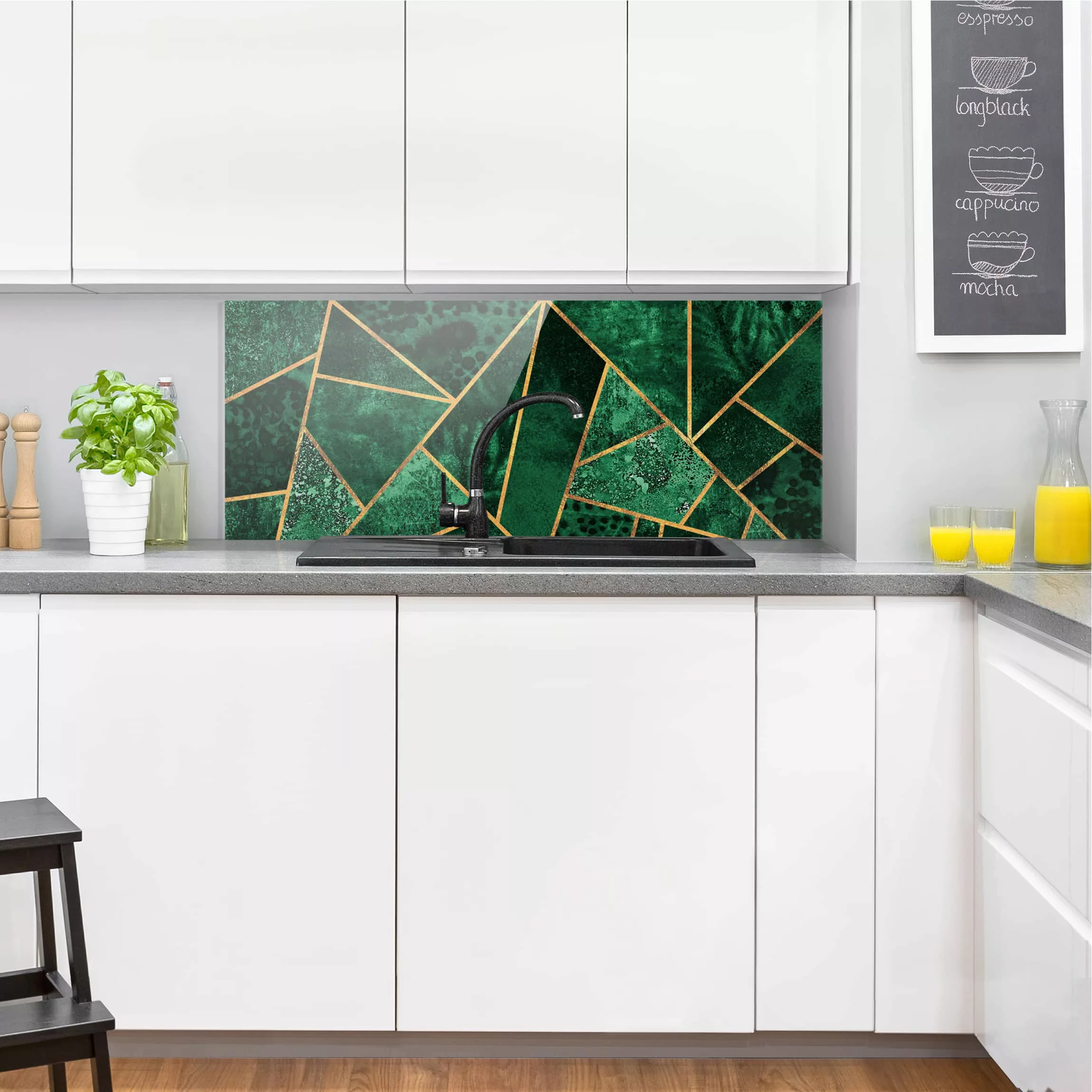 Glas Spritzschutz Abstrakt - Panorama Dunkler Smaragd mit Gold günstig online kaufen