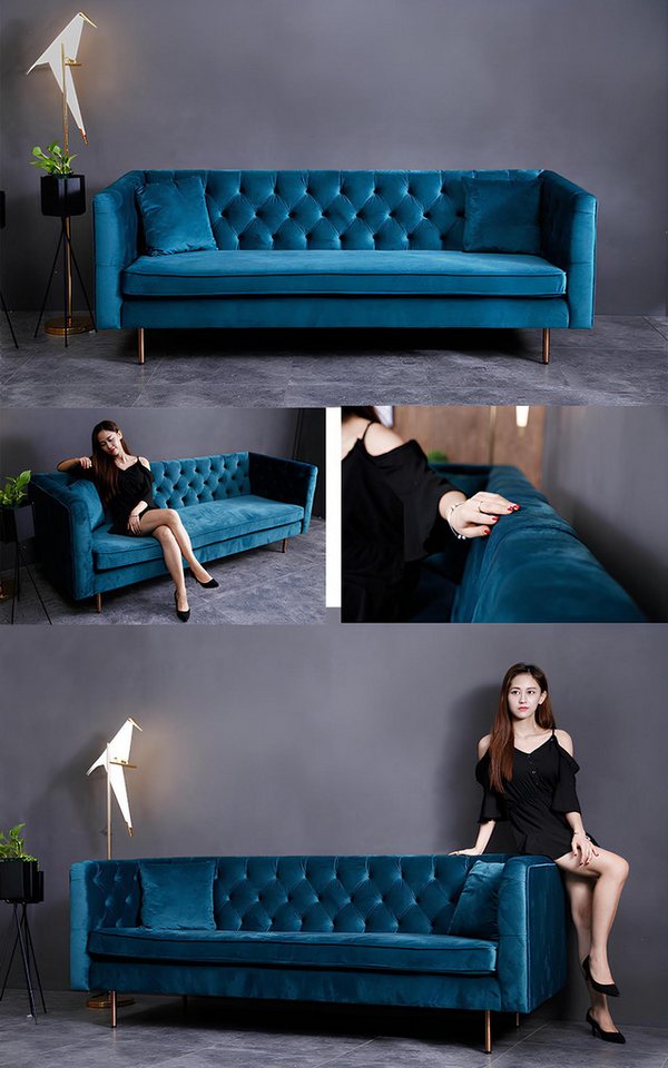 JVmoebel Sofa Designer Chesterfield Sofa Textil Blau Couch Polster Sofas Co günstig online kaufen