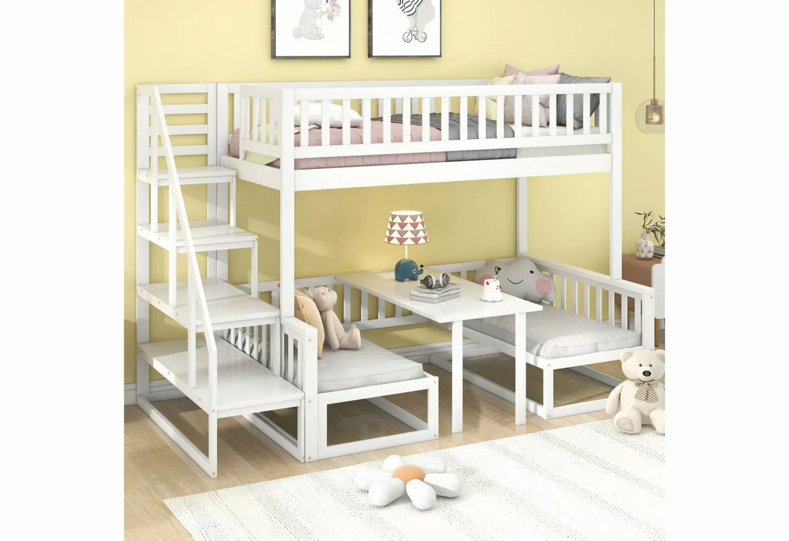 MODFU Etagenbett mit Treppe, mit verstellbarem Tisch, mit Holzsofa (Kinderb günstig online kaufen