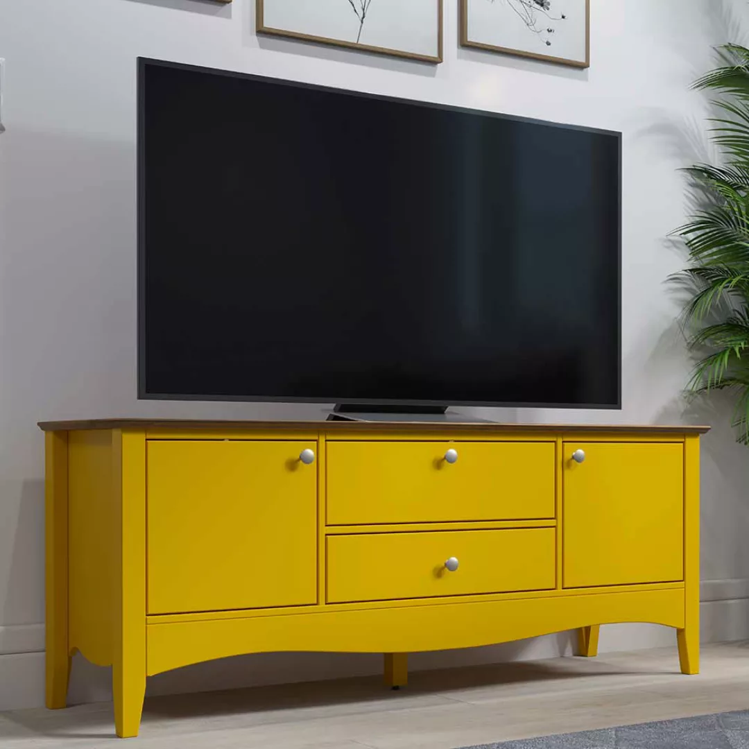 Gelbes TV-Lowboard mit Deckplatte aus Kiefer Massivholz 140 cm breit günstig online kaufen