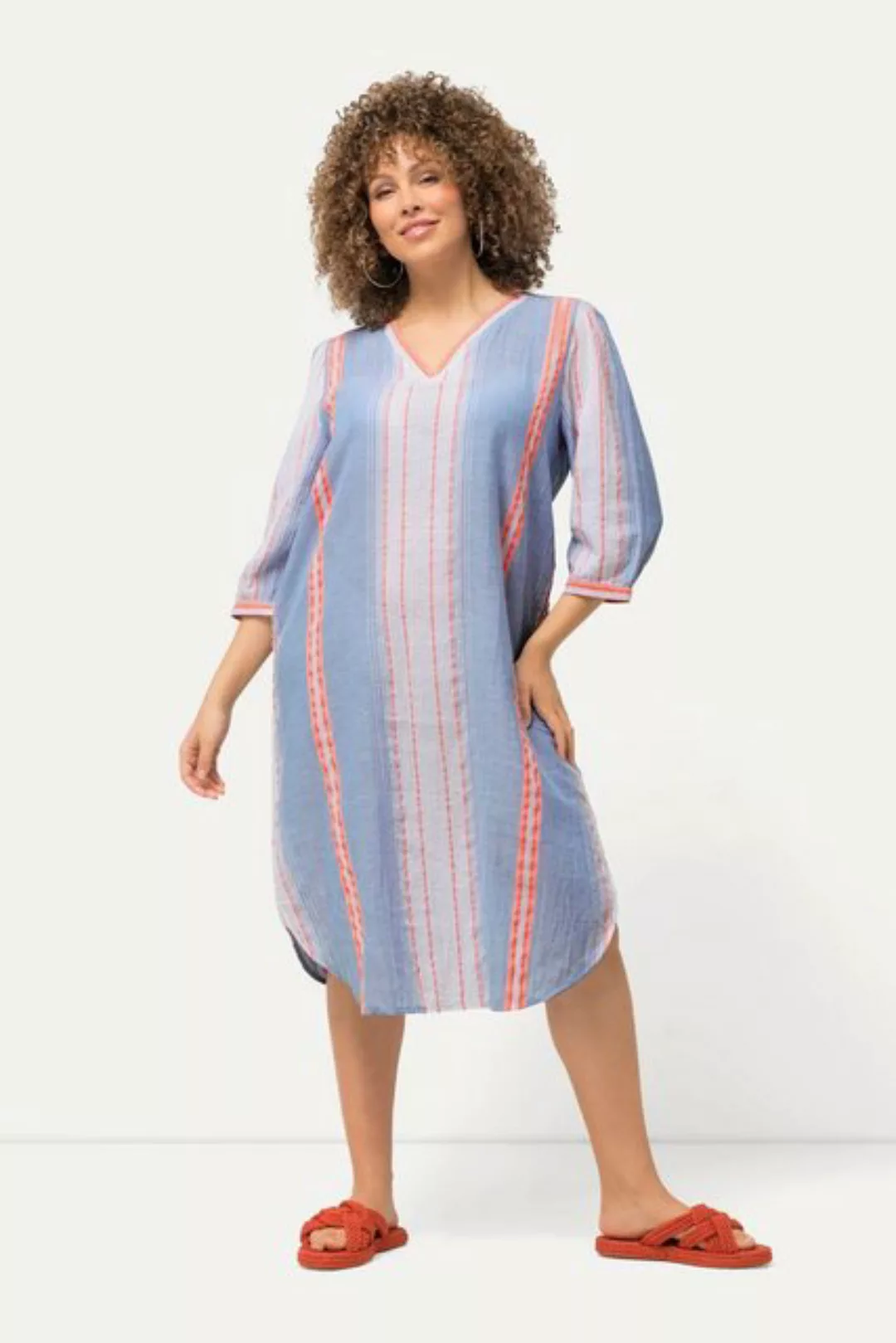 Ulla Popken Sommerkleid Kaftan Streifen Oversized V-Ausschnitt 3/4-Arm günstig online kaufen