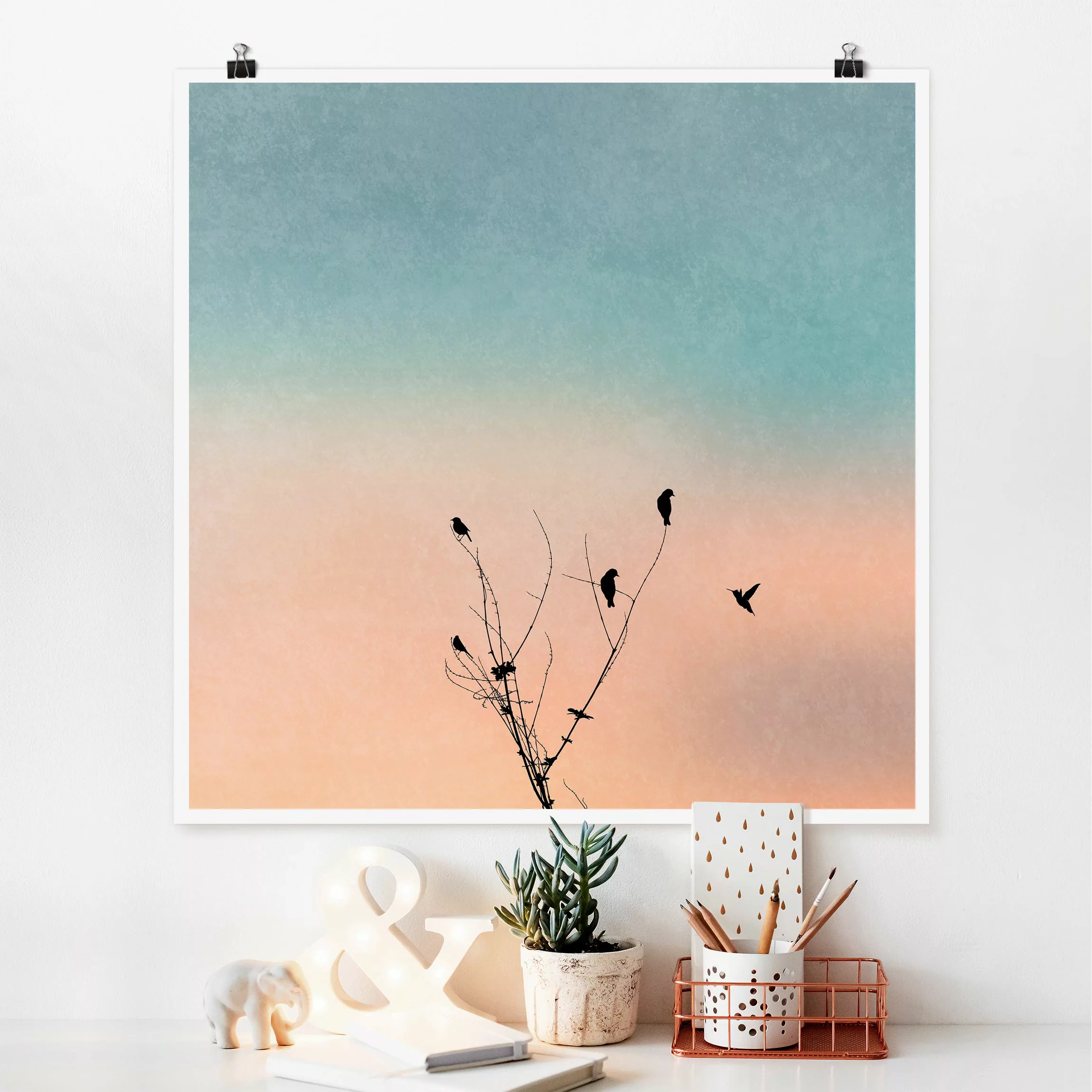 Poster Tiere Vögel vor rosa Sonne II günstig online kaufen