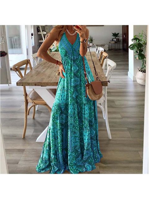 KIKI Maxikleid Sommerkleid Damen Boho Kleid mit V-Ausschnitt mit hoher Tail günstig online kaufen