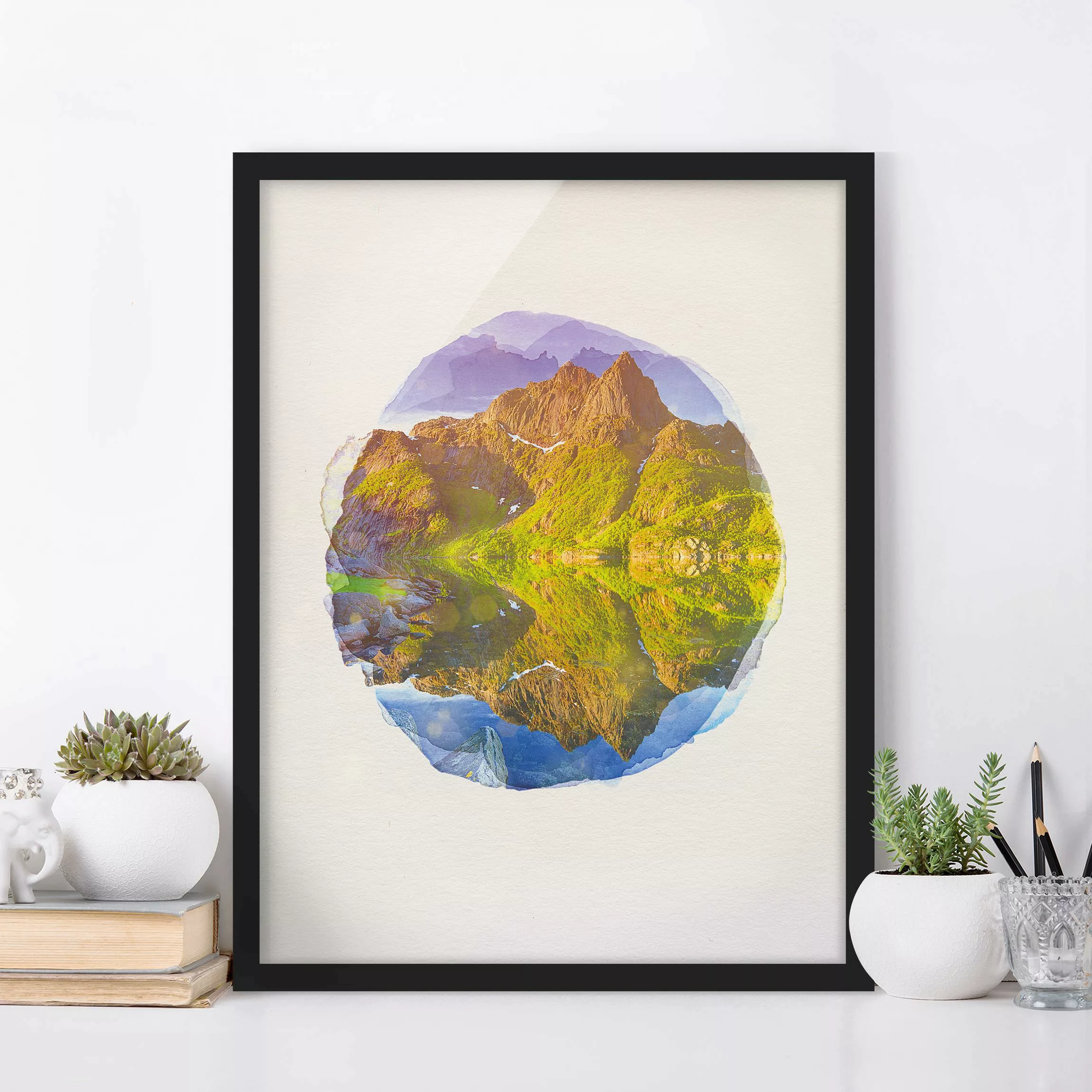 Bild mit Rahmen Natur & Landschaft - Hochformat Wasserfarben - Berglandscha günstig online kaufen