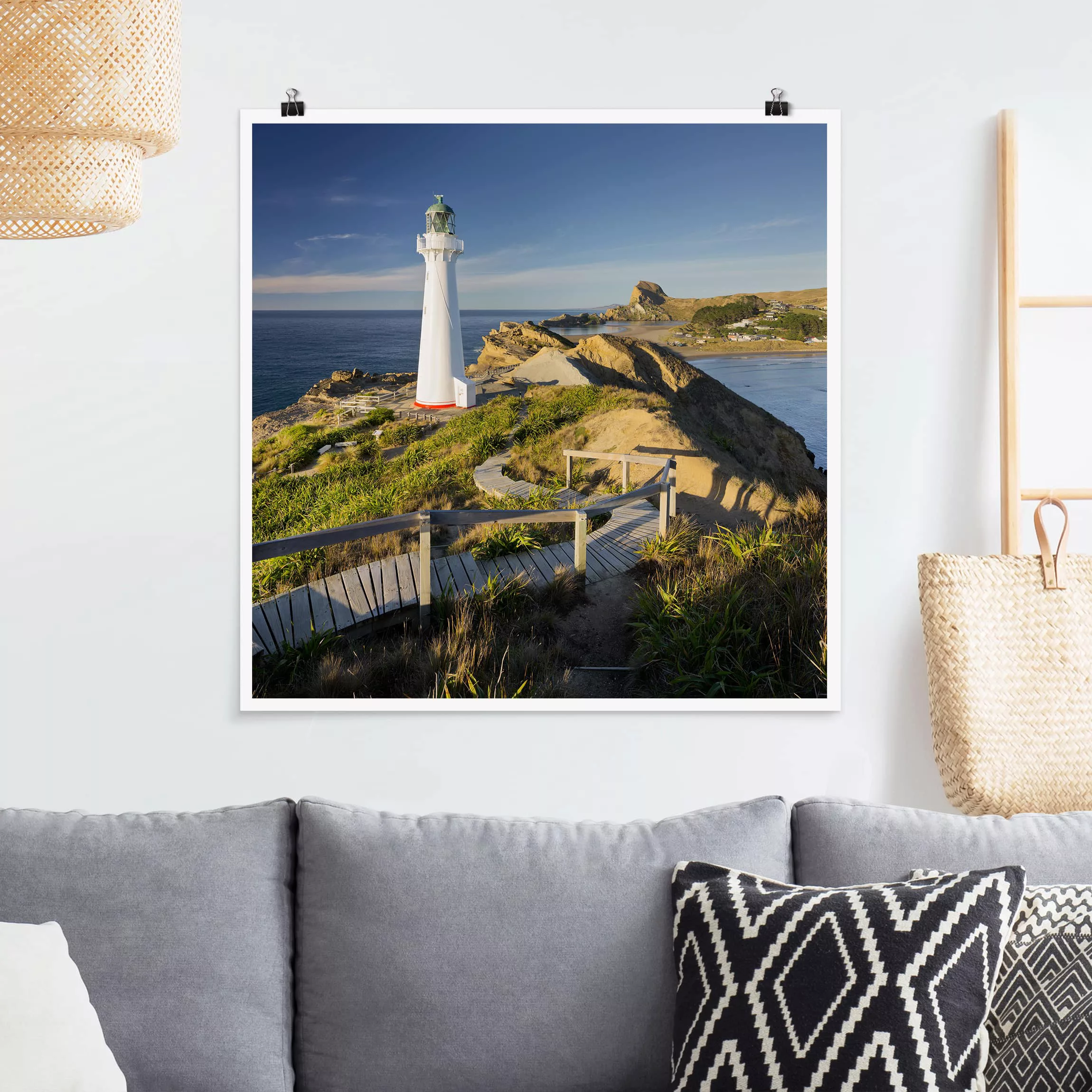 Poster Strand - Quadrat Castle Point Leuchtturm Neuseeland günstig online kaufen