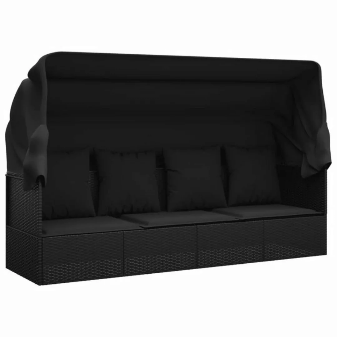 furnicato Bett Outdoor-Loungebett mit Dach und Kissen Schwarz Poly Rattan günstig online kaufen