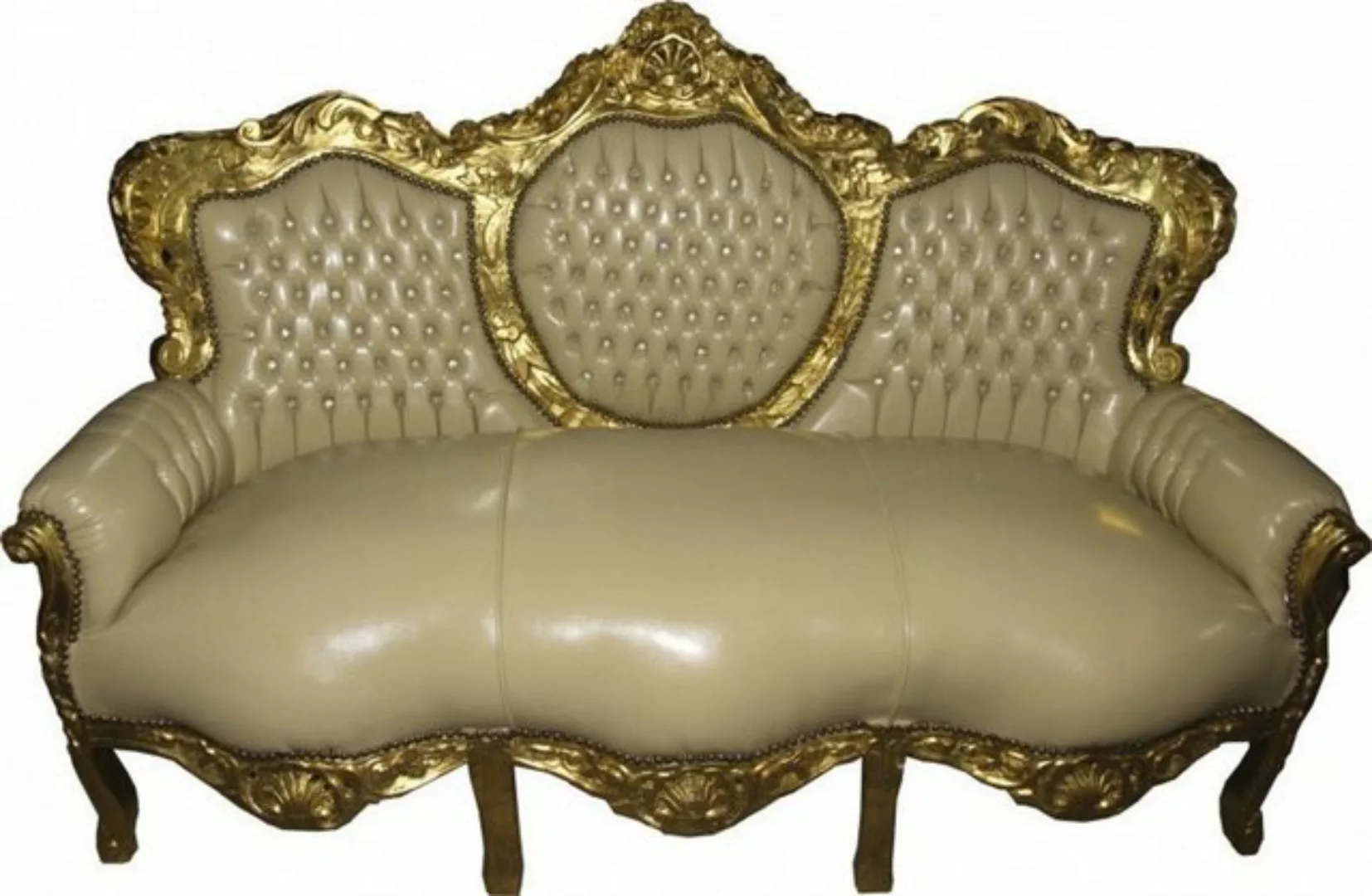 Casa Padrino Sofa Barock Sofa Garnitur Creme / Gold Lederoptik Bling Bling günstig online kaufen