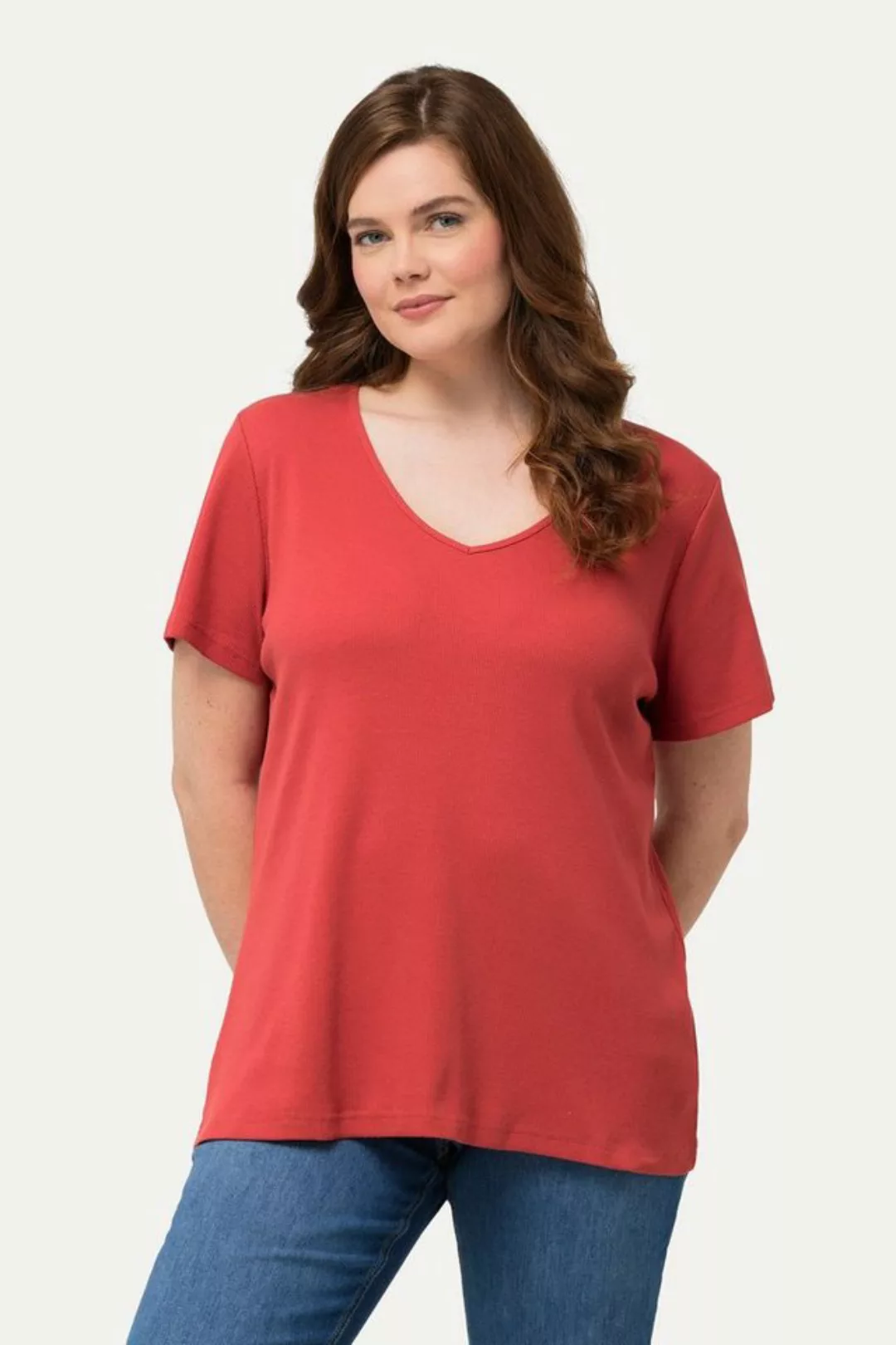 Ulla Popken Rundhalsshirt Rippshirt Slim V-Ausschnitt Halbarm Biobaumwolle günstig online kaufen