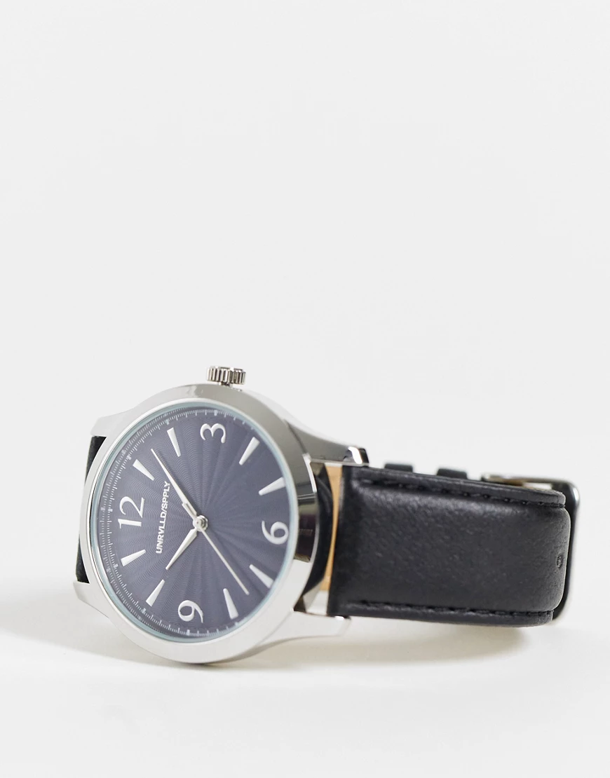 ASOS DESIGN – Klassische Armbanduhr mit marineblauem Ziffernblatt und schwa günstig online kaufen