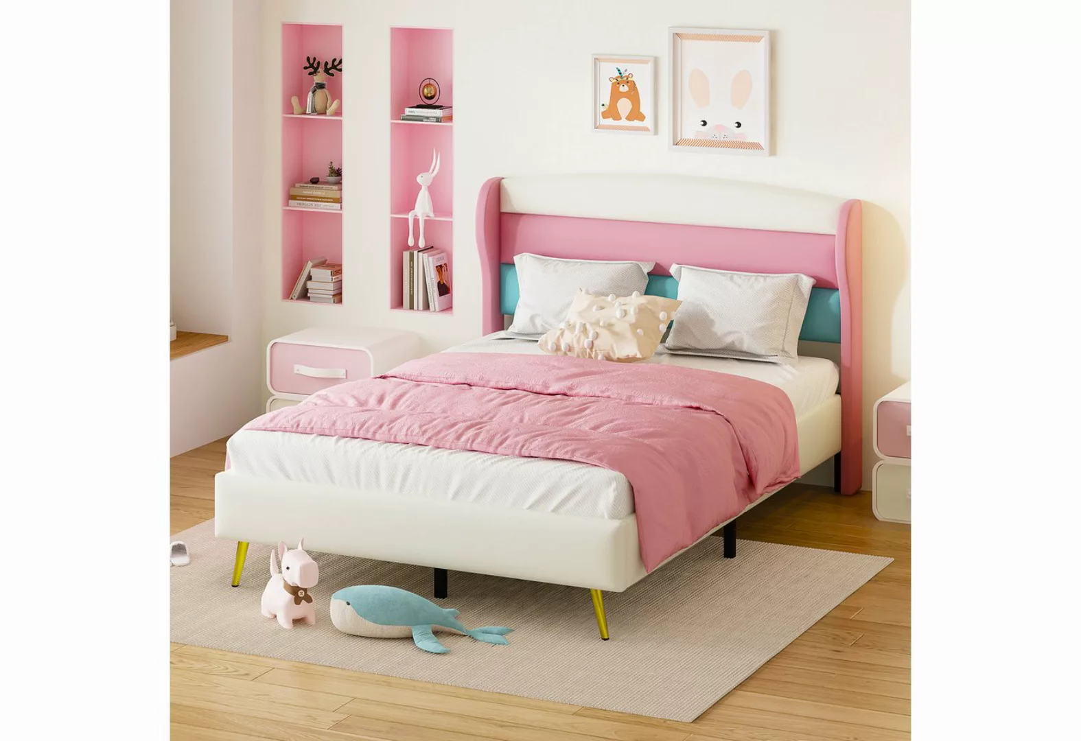 OKWISH Polsterbett Kinderbett, Doppelbett (Kopfteil in drei Farben, Metallf günstig online kaufen