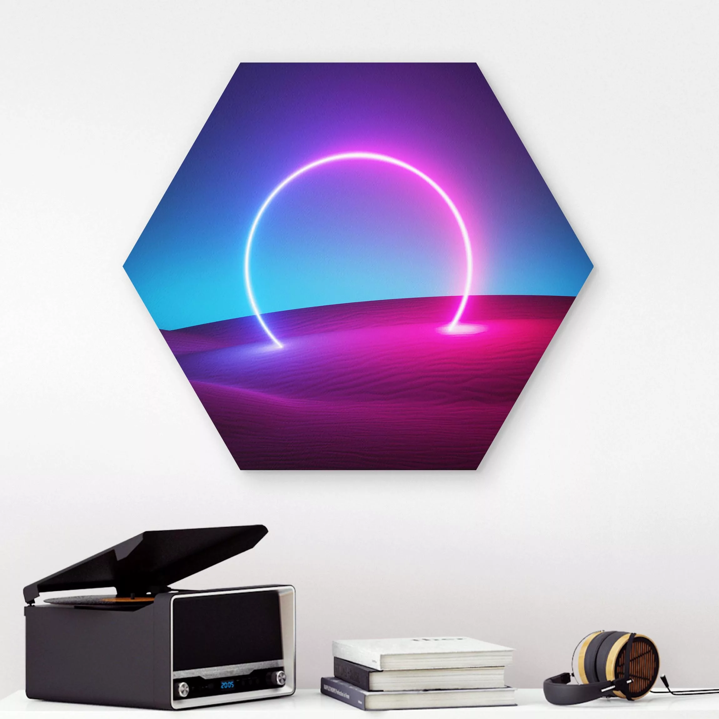 Hexagon-Forexbild Neonlichtkreis im Sand günstig online kaufen