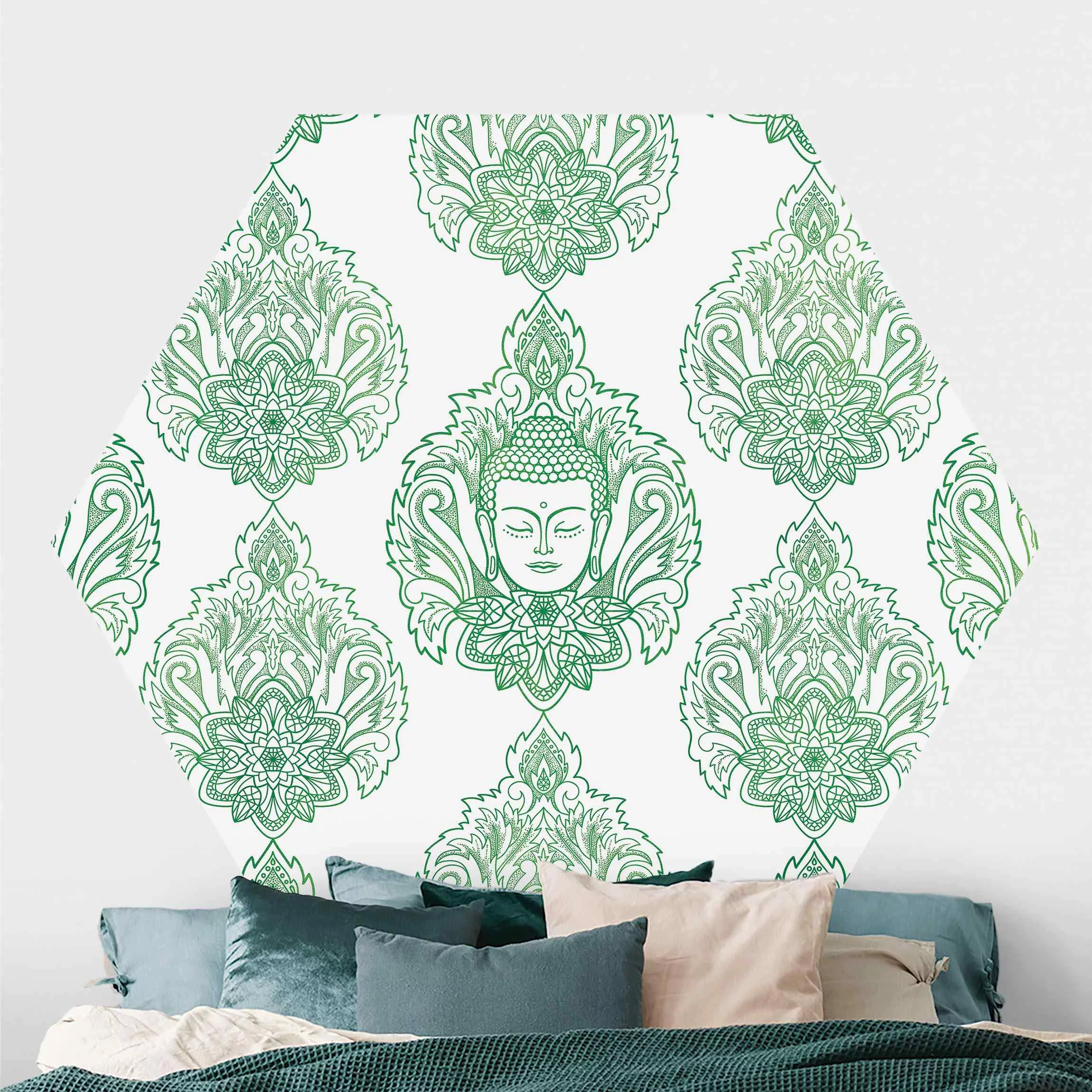 Hexagon Mustertapete selbstklebend Buddha und Lotus günstig online kaufen