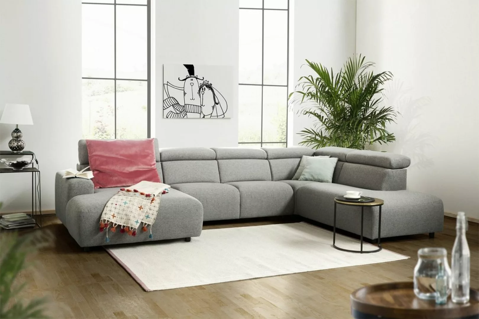 KAWOLA Wohnlandschaft RISO, Sofa U-Form Stoff grau Longchair rechts od. lin günstig online kaufen