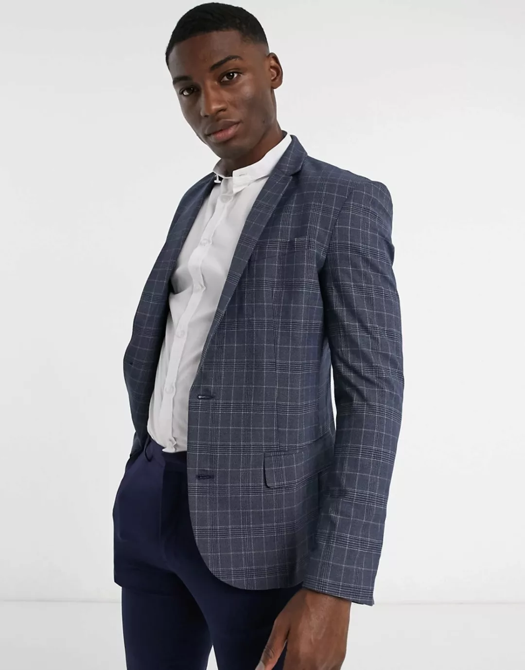 New Look – Eng geschnittene Anzugjacke in Blau kariert günstig online kaufen