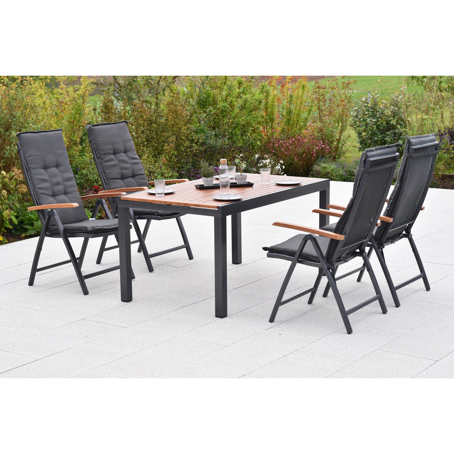 Merxx Thasos Set 9-tlg. 4 Klappsessel 4 Auflagen Gartentisch 150(200)x90 cm günstig online kaufen