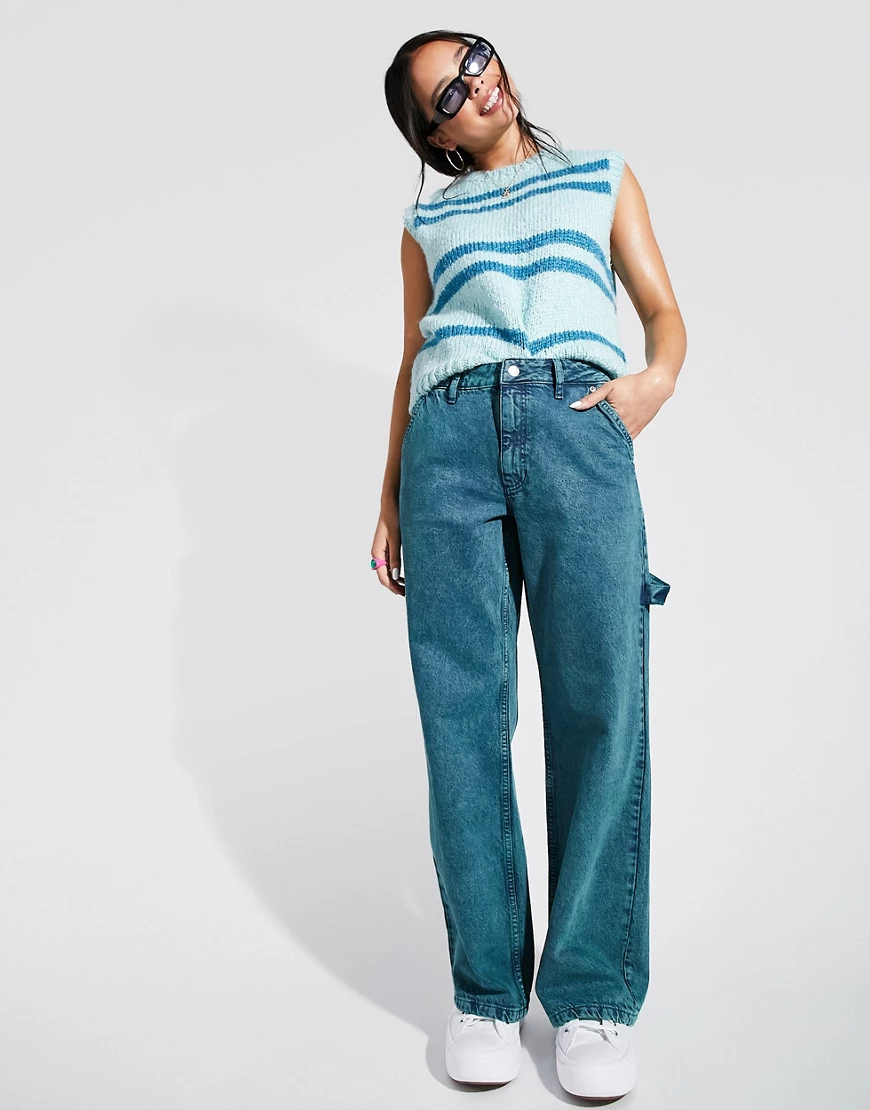 ASOS DESIGN – Dad-Jeans mit legerem Schnitt und hohem Bund in Petrolgrün günstig online kaufen