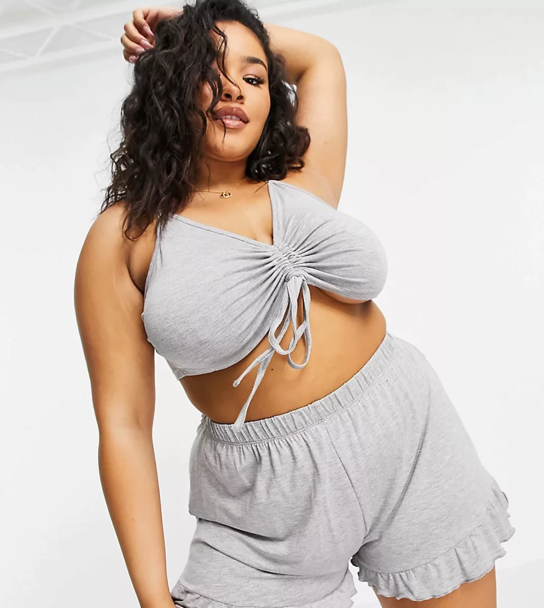 Missguided Plus – Pyjama in Grau mit Camisole und gerüschten Shorts günstig online kaufen