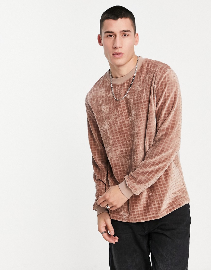 ASOS DESIGN – Legeres, langärmliges Shirt in Beige aus Velours mit Gitterst günstig online kaufen