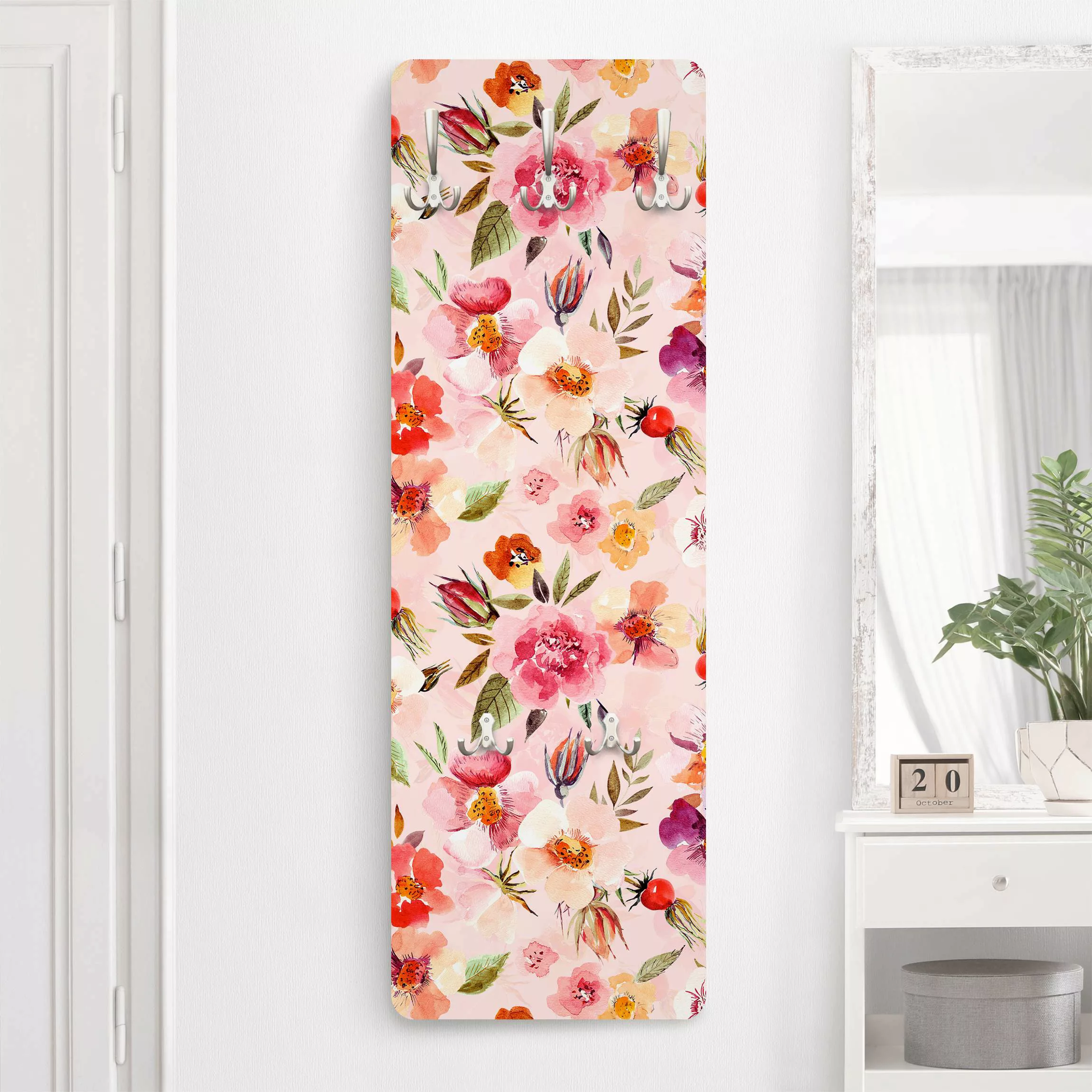 Wandgarderobe Aquarellierte Blumen auf Rosa günstig online kaufen