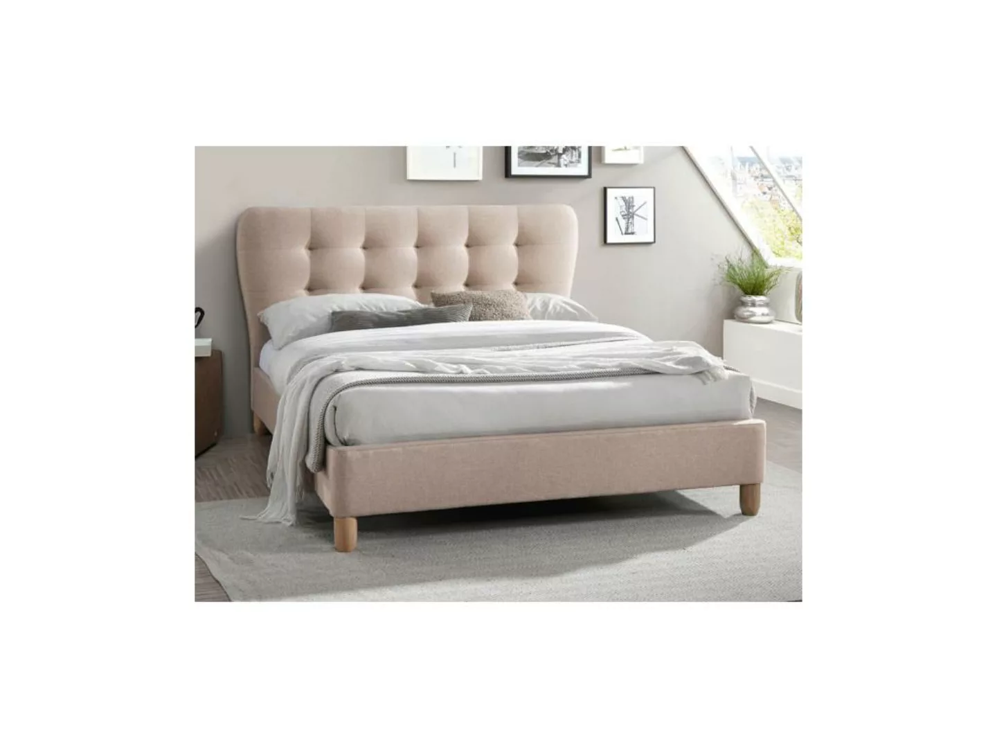 Polsterbett 140 x 190 cm mit gestepptem Kopfteil + Matratze - Stoff - Beige günstig online kaufen